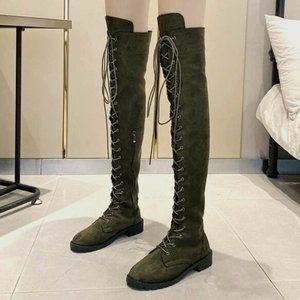 Army Olive Green Knee High Thigh High Lace Up Combat Boot with Lug Sole